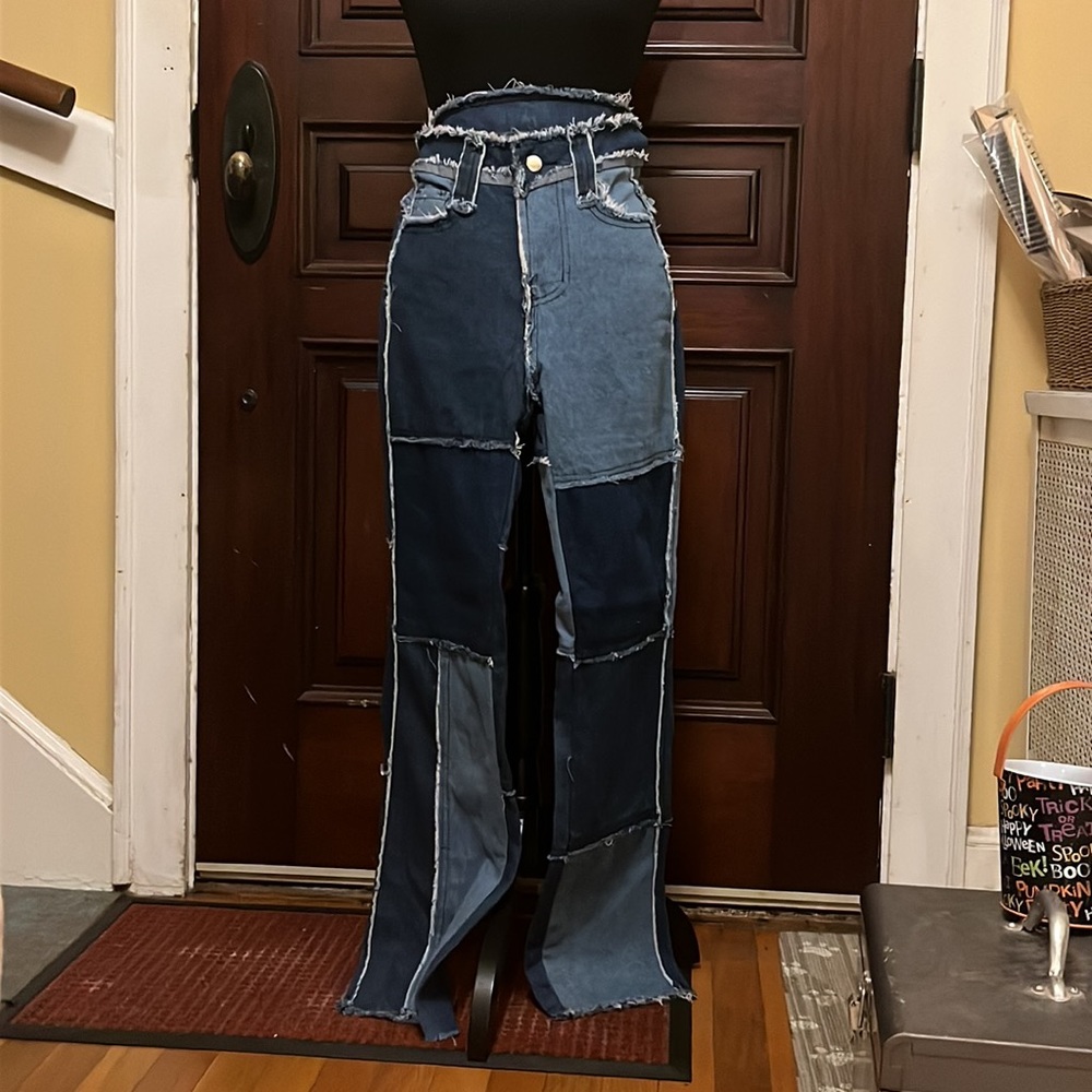 Small Two Toned Raw Hem Patchwork Jeans